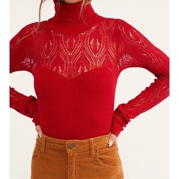 Free People Tops - FREE PEOPLE Intimately Pretty in Pointelle Red Ribbed Turtleneck Bodysuit Small